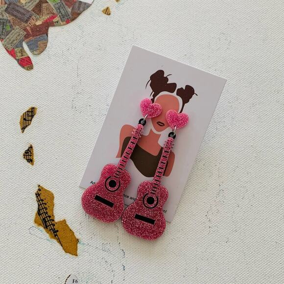 Pink Glitter Guitar and Heart Charm Drop Barbiecore Eras Statement Earrings - Picture 1 of 5